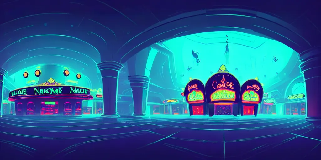 Image similar to minimalistic extreme wide angle curved perspective digital art of dark indoor casino with a stage pale colors by anton fadeev from nightmare before christmas