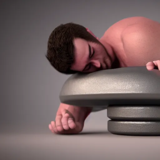 Image similar to A guy is sleeping on a dumbell , cinematic lightening, high quality, 8k , octane render, trending on artstation , greg rutowski