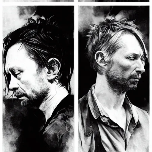 Image similar to hyper realistic portrait of similar version thom yorke shorter hair variations singer songwriter ok computer, ( side ) profile, liminal space, by lee bermejo, alphonse mucha and greg rutkowski