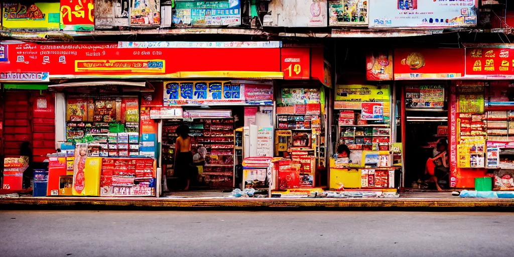 Prompt: a background of convenient store on bangkok street photography created for the short film the witness, directed by alberto mielgo for netflix