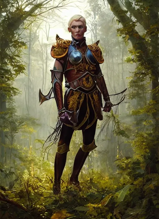 Image similar to a portrait painting of an elder male elf fighter in leather armour on a beautiful lush forest meadow, morning, art by Tristan Eaton, Stanley Artgerm, Tom Bagshaw, Greg Rutkowski, Carne Griffiths