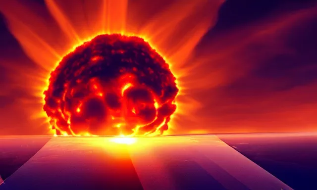 Image similar to nuclear explosion, few sun rays, wallpaper, award winning photo, hd, high detailed