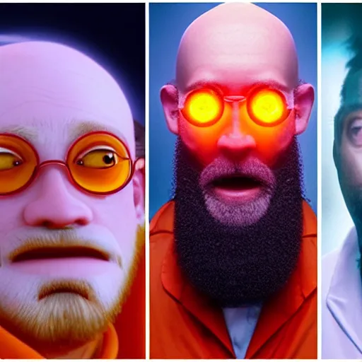 Image similar to a man with 3 eyes, man with a 3rd eye in the middle of his forehead, an awkwardly tall mad scientist with a 3rd eye a tangled orange beard balding head and unruly red hair wearing a labcoat, high resolution film still, movie by Robert Zemeckis and Ivan Reitman, 3rd eye in the middle of his forehead