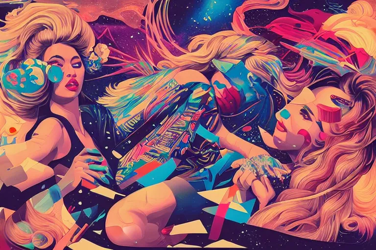 Prompt: supermodel pillow fight in space, tristan eaton, victo ngai, artgerm, rhads, ross draws