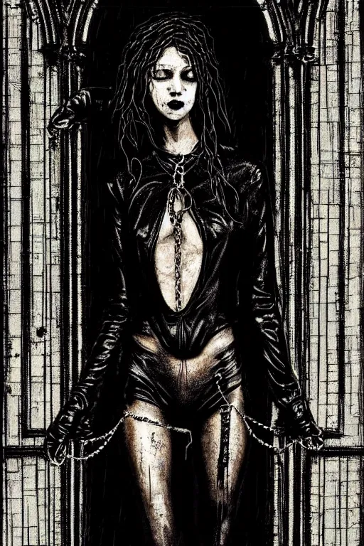 Image similar to dreamy gothic girl, black leather slim clothes, chains, wet hall stairs, beautiful body, detailed acrylic, grunge, intricate complexity, by dan mumford and by alberto giacometti, peter lindbergh