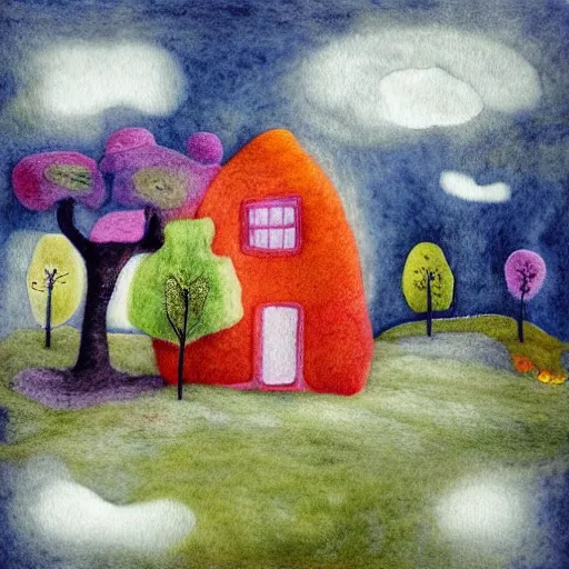 Prompt: small wooden house in the middle of spring forest, bright colours, watercolor, volumetric wool felting, macro photography, children illustration, by giorgio de chirico