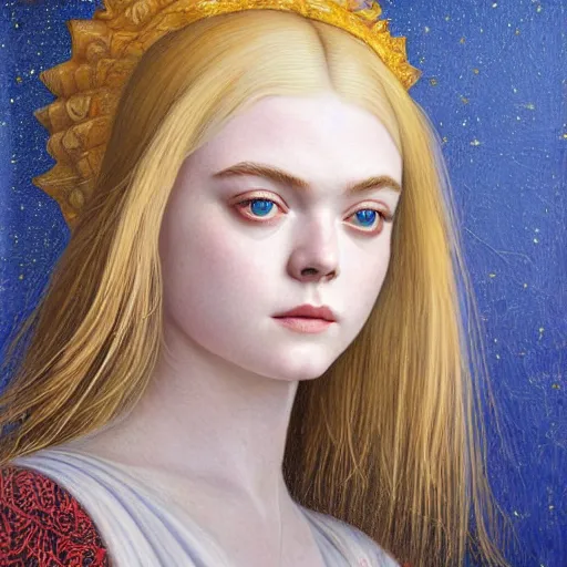 Image similar to professional painting of Elle Fanning in Santorini in the style of Dino Valls, head and shoulders portrait, symmetrical facial features, smooth, sharp focus, illustration, intricate, stormy weather, extremely detailed masterpiece,