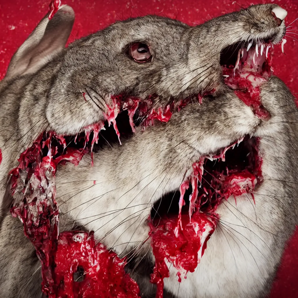 Image similar to hq studio portrait of predatory rabbit with big canine teeth and blood dripping from it's mouth