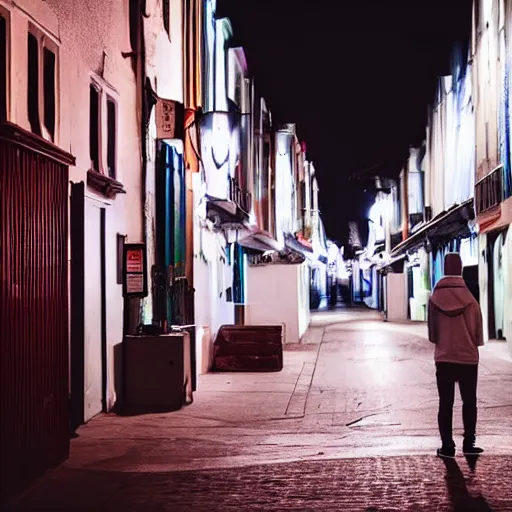 Prompt: guy with white hoodie and skateboard stands looking doen in an emoty street at night. cars parked. long street. very noisy. noise. noise effect.