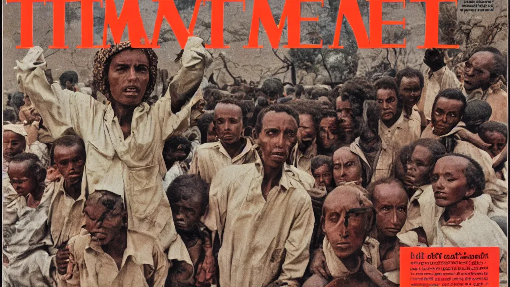 Prompt: 1 9 8 4 ethiopian famine, in the cover of time magazine, 8 k