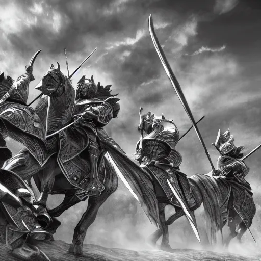 Prompt: a group of knights in the style of kentaro miura, 4 k, 8 k, absolute detailing of even the smallest details and particles, beautiful shadows, beautiful art, black and white drawing, high rendering of the details of the environment and faces