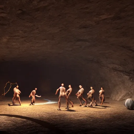 Image similar to high resolution unreal engine render of cavemen playing basketball inside cave at night, cave lit by torch light, stalagmites