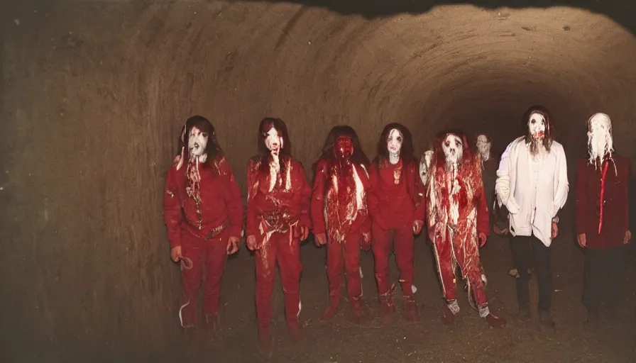 Image similar to high realistic photo portrait of esoteric tribes members with taxidermic flesh bloody jaw and elaborate red clothes in a empty tunnel, cinestill 800t 35mm, heavy grain, high quality,