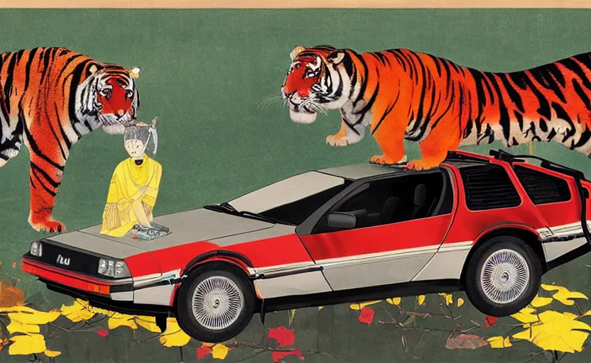 Image similar to a red delorean and a yellow tiger in ajegunle, painting by hsiao - ron cheng, utagawa kunisada & salvador dali, magazine collage style,