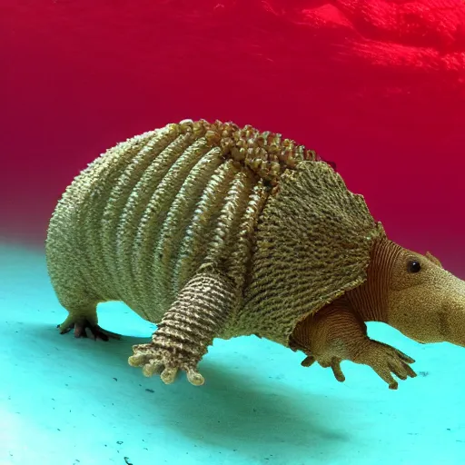 Prompt: and armadillo wearing a red hat underwater