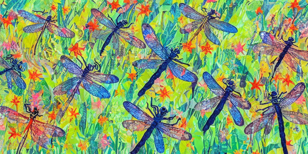 Image similar to dragonfly swarm dancing in the calm summer air above a peaceful stream. hand - painted collage cut paper. by eric carle