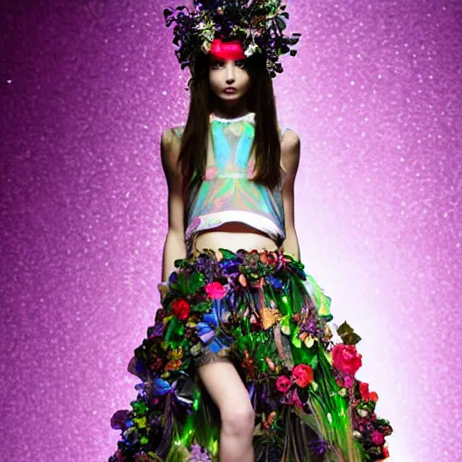 Image similar to young model wearing valentino 2 0 1 4 floral skirt and jeweled headpiece in a cyber holographic jungle, flowers