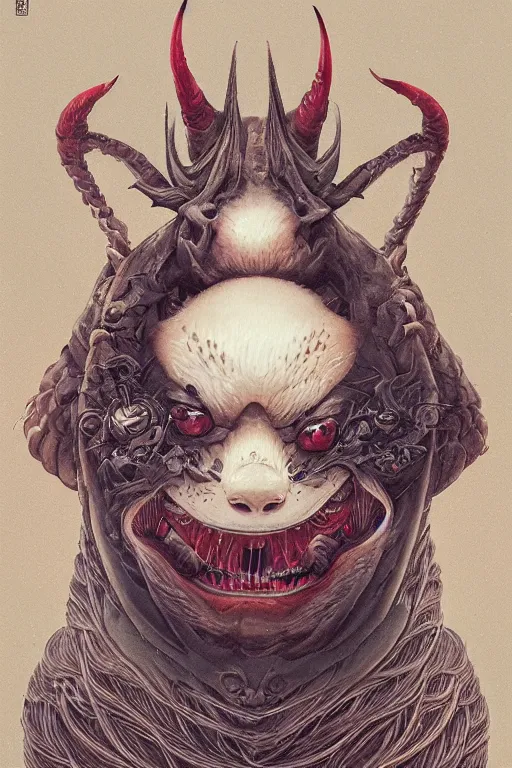 Image similar to a portrait of a japanese devil animal illustrated by miyazaki by karol bak, james jean, tom bagshaw, rococo, sharp focus, trending on artstation, cinematic lighting, hyper realism, octane render, 8 k, hyper detailed, vivid, ultra detailed, highly detailed