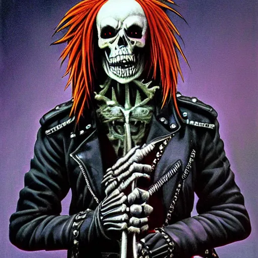 Image similar to a portrait of the grim reaper as a punk rocker playing an electric guitar, punk, skeleton face, mohawk, dark, fantasy, leather jackets, spiked collars, spiked wristbands, piercings, boots, ultrafine detailed painting by frank frazetta and vito acconci and michael whelan and takeshi obata, death note style, oil on canvas