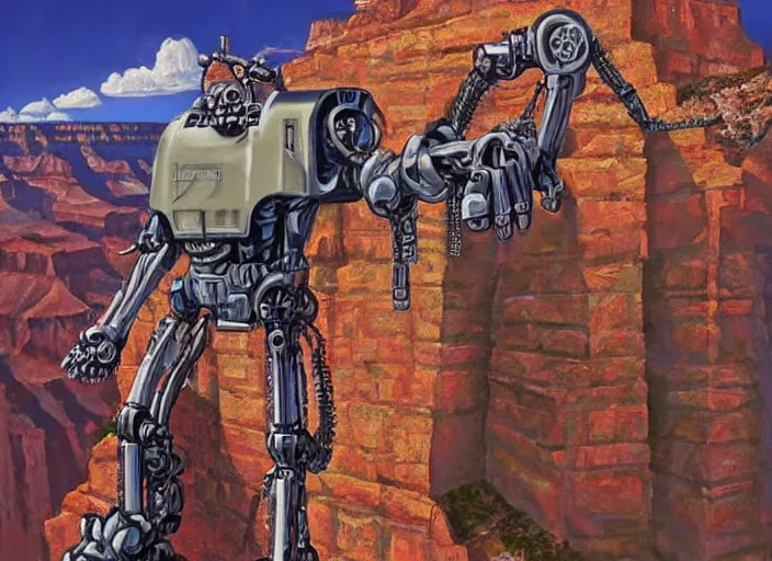 Image similar to realistic physically based rendering of a giant mechanical robot steve buscemi at the grand canyon by jack kirby!!! and simon bisley, epic, awesome trendy color palette, cinematic, claymation, by wes anderson and joop geesink, diorama