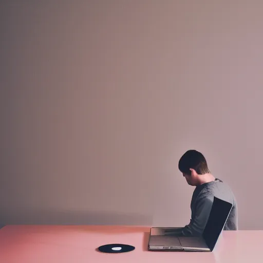 Prompt: a photograph of a person sitting at a desk, looking at laptop, dimly lit bedroom, hot cocoa drink on desk, professional photography, pastel tones, 4 k, 8 k