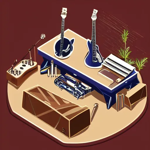 Image similar to isometric view of a large instrument machine, rube goldberg style, made of instruments, guitar, drum, beautiful