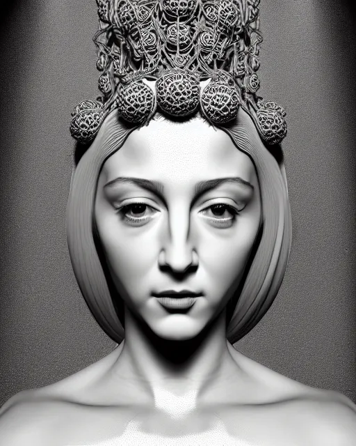 Image similar to bw 3 d render of a beautiful young madonna female queen - cyborg - vegetal, intricate fractal ornament in the bust with a very long neck, elegant, highly detailed intricate rococo ornament in her silver long hair, realistic, refined, highly detailed, cinematic outdoor lighting, by flora borsi in the style of dora maar, volumetric lighting, hyper realistic photography