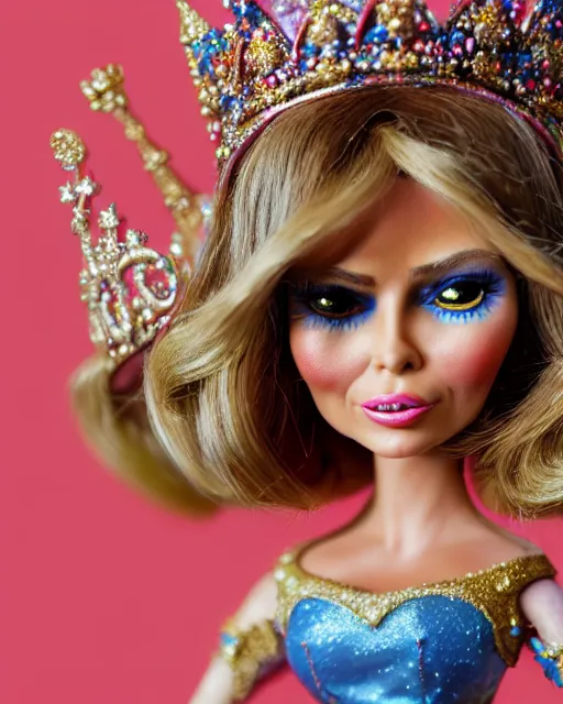Image similar to closeup profile portrait of a tin toy melania trump as a fairytale princess wearing a crown and eating cakes, bikini, hyper realistic, artstation, illustration, nicoletta ceccoli, mark ryden, lostfish, max fleischer, digital paint, matte paint, vivid colors, bright, cheerful, detailed and intricate environment