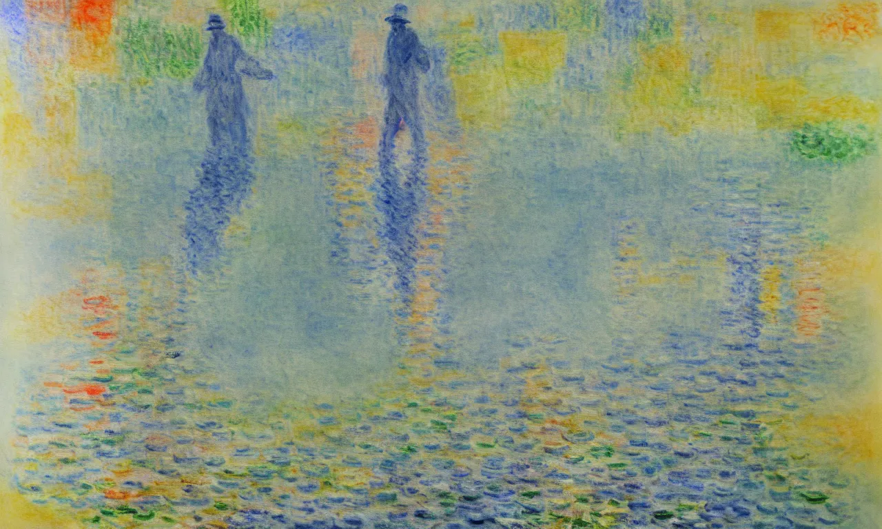 Prompt: An Abstract Illusionism style Wash made with Watercolor on canvas of A Tourist in the style of Claude Monet