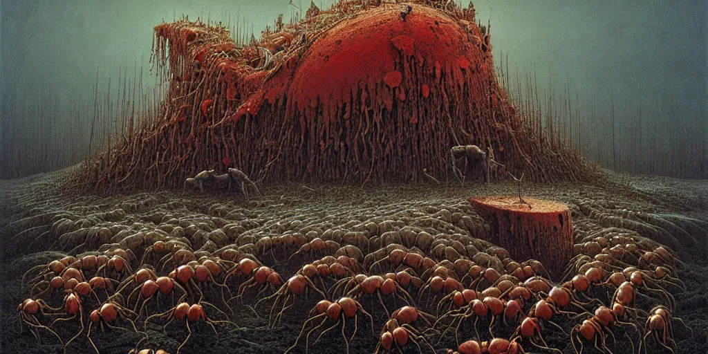 Prompt: tiny colony of red harvester ants crawling through the cavities of a large moose skull, moose graveyard, Zdzislaw Beksinski, Wayne Barlowe, gothic, cosmic horror, worm's-eye view, dystopian, biomorphic, lovecraftian, amazing details, warm hue's