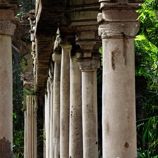 Image similar to the colonnade of the ancient cathedral in the jungle, death