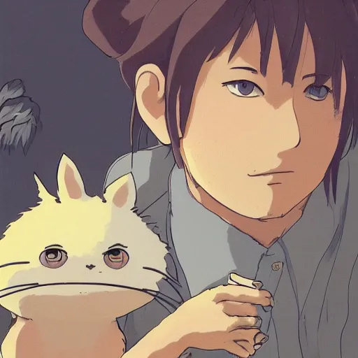 Image similar to friendly guy and small creature with animals , with Fragile looking character portrait face made in Studio Ghibli artstyle ,highly detailed art, beautiful scene, sharp focus, smooth, 8k, anime art, fantasy, style in ghibli anime style, fantasy, island,8k