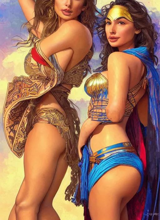 Prompt: lindsey pelas and gal gadot wearing a batik tube top and asian straw hat, digital painting, artstation, concept art, sharp focus, illustration, art by artgerm and greg rutkowski and alphonse mucha