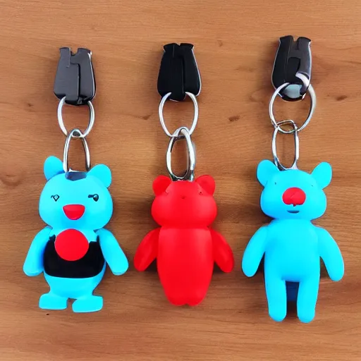 Prompt: some cute plastic toys that look like animal characters hanging from a keychain, red, dark teal, and blue