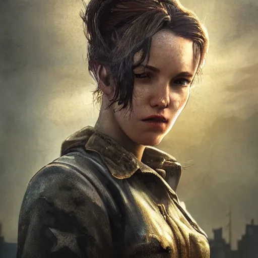 Image similar to fallout 5, charismatic beautiful rugged brunette female protagonist, portrait, outdoors ruined cityscape, atmospheric lighting, painted, intricate, volumetric lighting, beautiful, daytime, sunny weather, slight overcast, sharp focus, deep colours, ultra detailed, by leesha hannigan, ross tran, thierry doizon, kai carpenter, ignacio fernandez rios