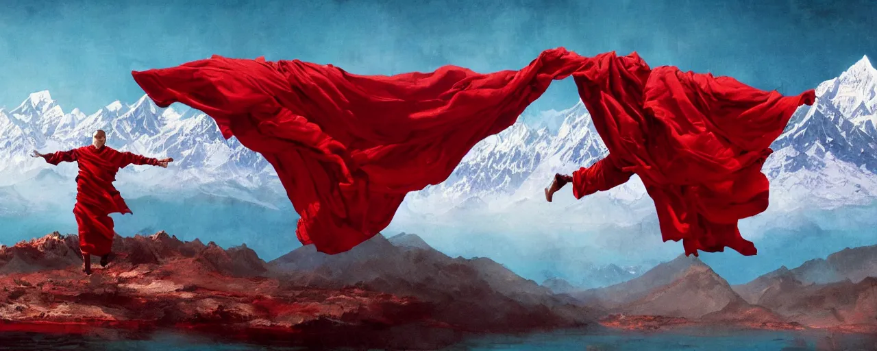 Prompt: a tibetan monk flying over himalaya mountains lake in weightlessness in liquid traditional red cloth. a lot of flying red fabric around, sky and cloth fabric reflected in blue lake water. dark background. illustration by craig mullins, yoji shinkawa, trending on artstation, peter mohrbacher, hyper detailed, intricate, elite, ornate,