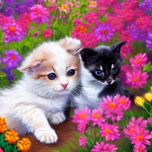 Image similar to animal friends cute puppy and kitten together in field of colorful flowers detailed oil painting 4k