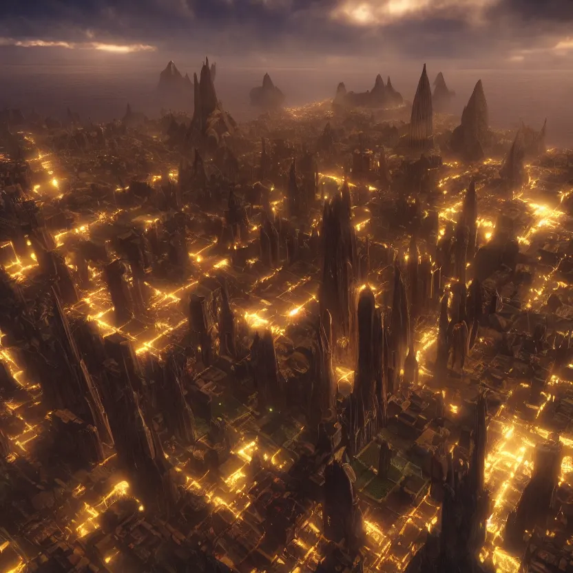 Image similar to the city of asgard. cinematic lighting, atmospheric lighting, focus, ultra - realistic, detailed.