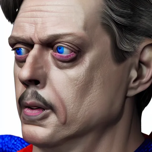 Image similar to hyperrealistic mixed media image of steve buscemi as superman, stunning 3 d render inspired art by xiang duan and thomas eakes, perfect facial symmetry, immaculate complexion, realistic, highly detailed attributes and atmosphere, dim volumetric cinematic lighting, 8 k octane detailed render, post - processing, masterpiece,