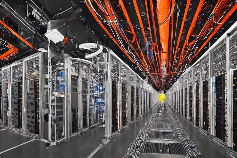 Image similar to a vast and modern Cray supercomputer datacenter. shiny floor, exposed circuit boards and complexes of wiring, orange glowing nixie tubes and tesla coils.