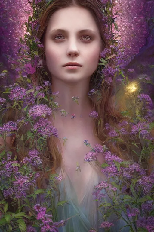 Image similar to elaborately detailed close up portrait of an extremely beautiful girl surrounded by flowers, an eerie mist and ethereal rainbow bubbles, Aetherpunk, high fantasy matte painting, fantasy matte painting movie poster, Art Nouveau, smooth, sharp focus, atmospheric lighting, highly detailed illustration highlights, backlight, golden ratio, 8K detail post-processing, symmetrical facial features, rich deep moody colors, majestic, dark epic fantasy, award winning picture, sense of awe, featured on DeviantArt, trending on cgsociety