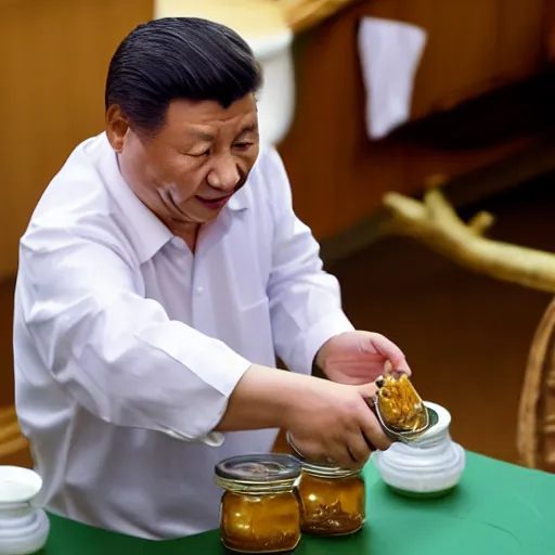 Image similar to Xi Jinping eating honey out of a jar with his hands.