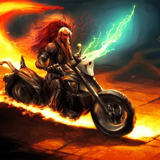 Image similar to epic wizard riding a motorcycle into the gates of hell video game concept art