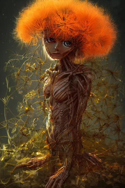 Prompt: a humanoid figure dandelion plant monster, orange eyes, highly detailed, digital art, sharp focus, ambient lighting, trending on art station, anime art style