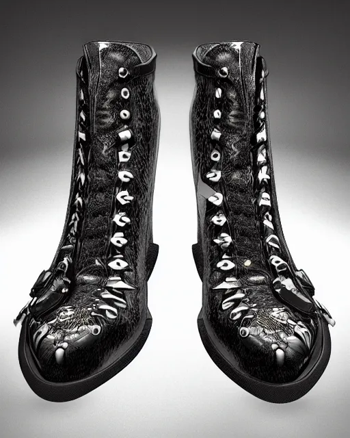 Image similar to stylish shoe design,One pair of shoes, killer boots, scorpions, spiders, high soles, battle shoes, metal, heavy metal rave shoes, photorealistic, high resolution, highly detailed, details, good clear quality