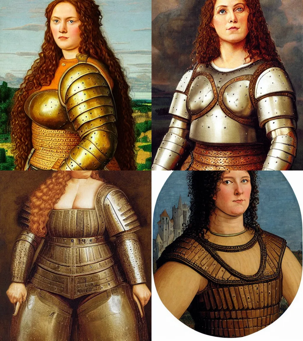 Prompt: a big and strong medieval woman wearing breastplate armor, round and robust body woman | long wavy curly hair | hyperrealistic | portrait by johfra bosschart