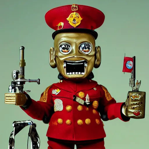 Image similar to portrait of tin toy army general with maniacal smile, 5 star general by mark ryden, breathtaking, 8 k resolution, extremely detailed, beautiful