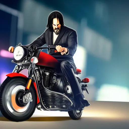 Image similar to chibi john wick riding a sports motorbike at night, movie still, 4 k