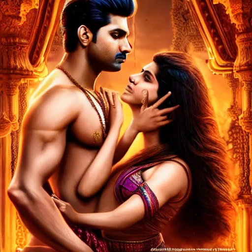 Image similar to perfectly centered bollywood movie promotional poster of anatomically correct hero and heroine glamourous romantic pose, faces symmetrical ; real life portrait, ultra realistic, high coherence, intricate, hdr, highly detailed, photorealistic, octane render, 8 k, unreal engine ; art by artgerm, greg rutkowski, charlie bowater