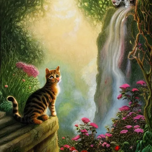 Image similar to painting of one kitten in the enchanted forest standing on the steps and watching the waterfall, fantasy, intricate, extremely detailed, face enhance, matte, featured in artstation, art by louis wain, greg rutkowski